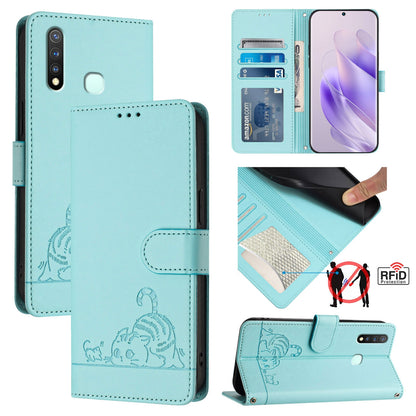 vivo Y5S Cat & Rat Embossed RFID Leather Case, Lanyard, Wallet, Card Slots, Kickstand, Anti-Fall, Scratch-Resistant