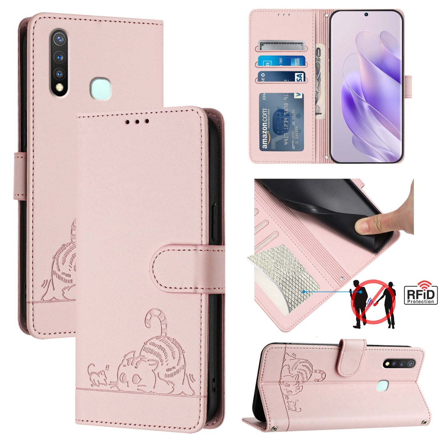 vivo U20 Cat & Rat Embossed RFID Leather Case, Lanyard, Wallet, Card Slots, Kickstand, Anti-Fall, Scratch-Resistant