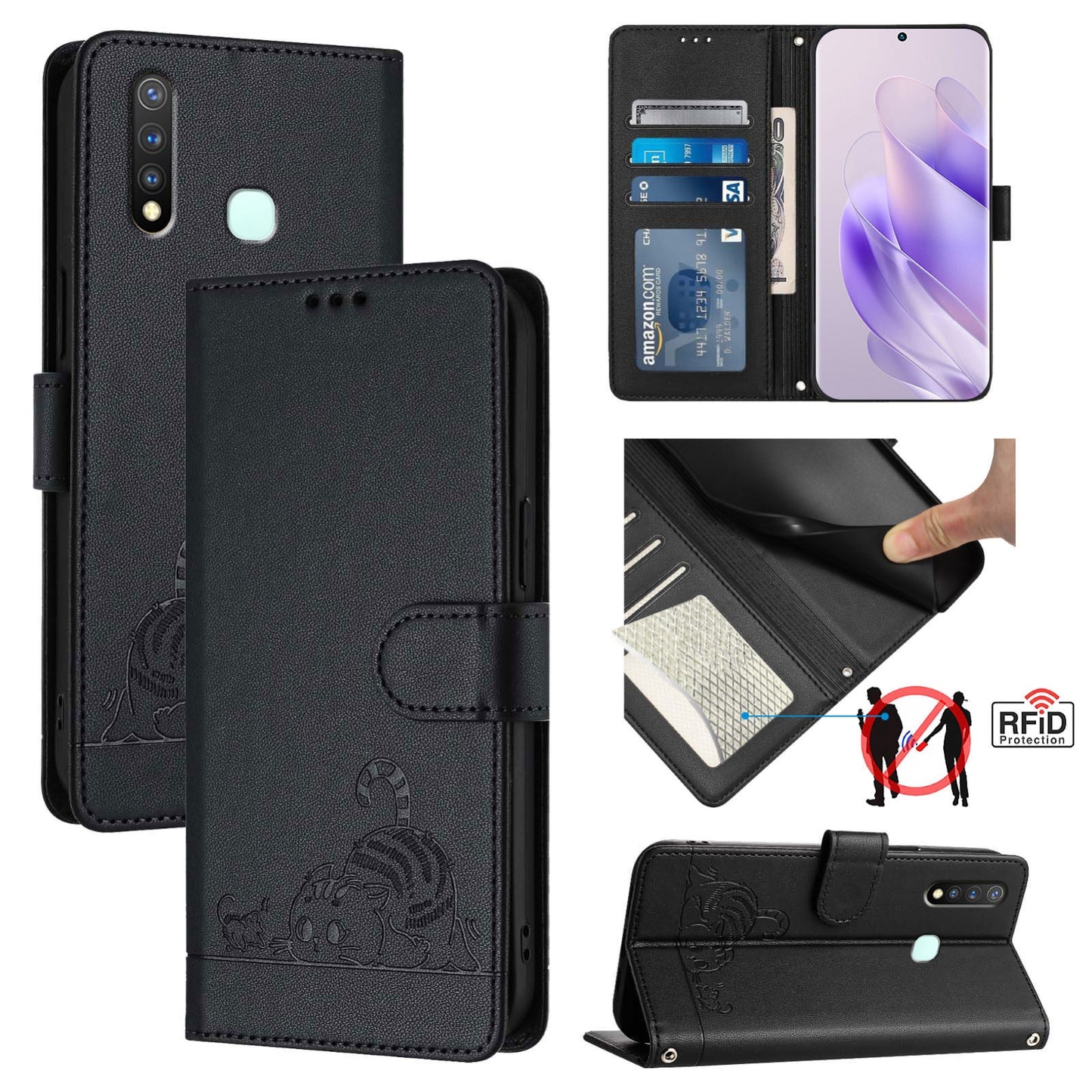 vivo Y19 Cat & Rat Embossed RFID Leather Case, Lanyard, Wallet, Card Slots, Kickstand, Anti-Fall, Scratch-Resistant