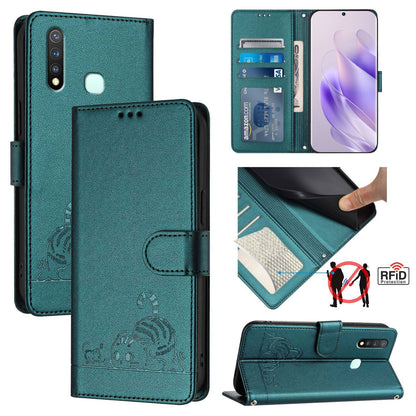 vivo Y19 Cat & Rat Embossed RFID Leather Case, Lanyard, Wallet, Card Slots, Kickstand, Anti-Fall, Scratch-Resistant