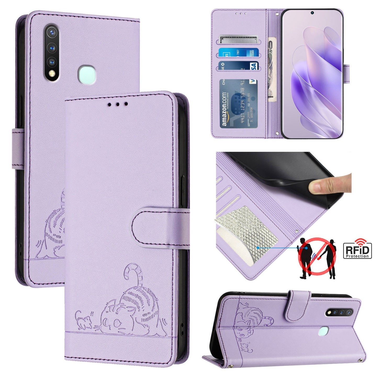 vivo Y19 Cat & Rat Embossed RFID Leather Case, Lanyard, Wallet, Card Slots, Kickstand, Anti-Fall, Scratch-Resistant