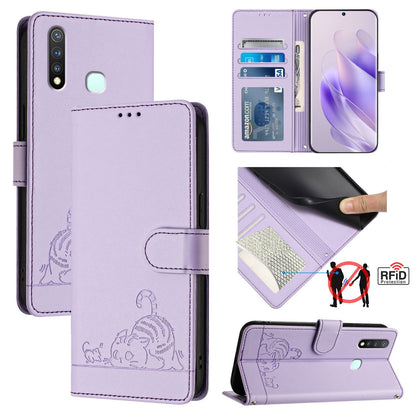 vivo U20 Cat & Rat Embossed RFID Leather Case, Lanyard, Wallet, Card Slots, Kickstand, Anti-Fall, Scratch-Resistant