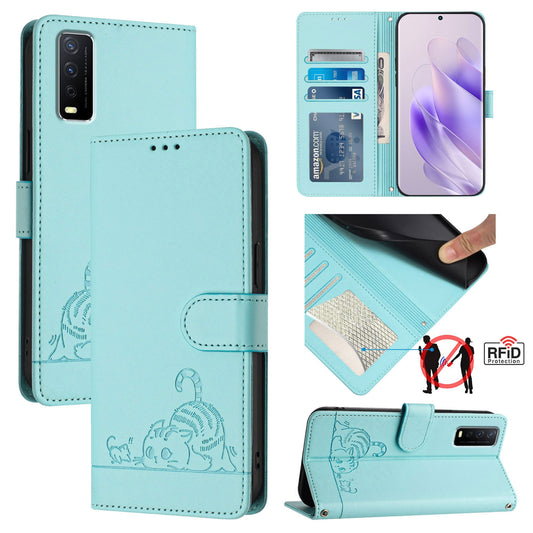 vivo Y11S Cat & Rat Embossed RFID Leather Case, Lanyard, Wallet, Card Slots, Kickstand, Anti-Fall, Scratch-Resistant