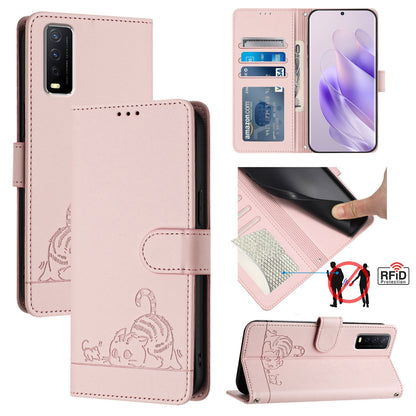 vivo Y20i Cat & Rat Embossed RFID Leather Case, Lanyard, Wallet, Card Slots, Kickstand, Anti-Fall, Scratch-Resistant