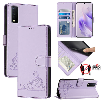 vivo Y11S Cat & Rat Embossed RFID Leather Case, Lanyard, Wallet, Card Slots, Kickstand, Anti-Fall, Scratch-Resistant