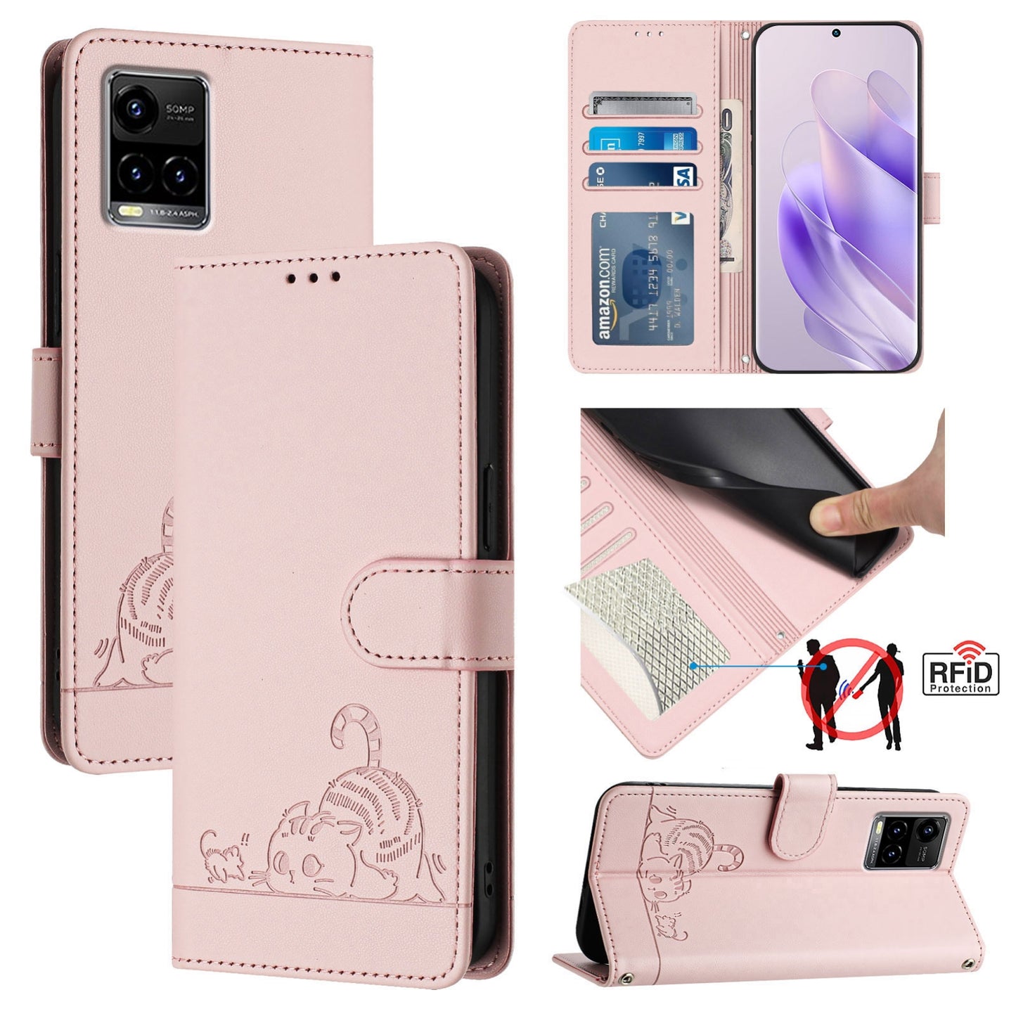 vivo Y33S 4G Global Cat & Rat Embossed RFID Leather Case, Lanyard, Wallet, Card Slots, Kickstand, Anti-Fall, Scratch-Resistant