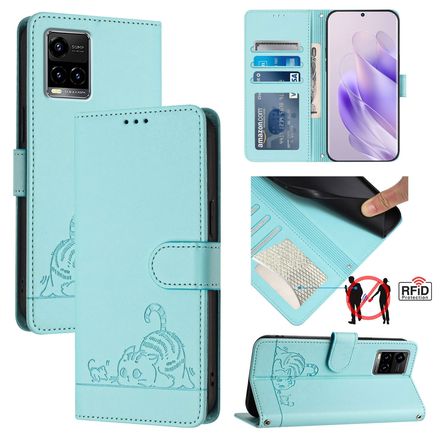 vivo Y21 2021 Cat & Rat Embossed RFID Leather Case, Lanyard, Wallet, Card Slots, Kickstand, Anti-Fall, Scratch-Resistant