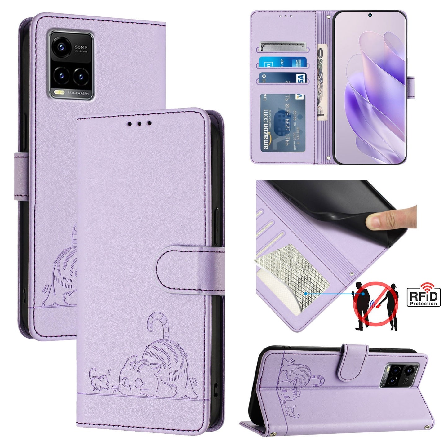 vivo Y21 2021 Cat & Rat Embossed RFID Leather Case, Lanyard, Wallet, Card Slots, Kickstand, Anti-Fall, Scratch-Resistant