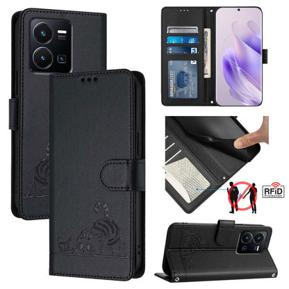 vivo Y35 4G Global Cat & Rat Embossed RFID Leather Case, Lanyard, Wallet, Card Slots, Kickstand, Anti-Fall, Scratch-Resistant
