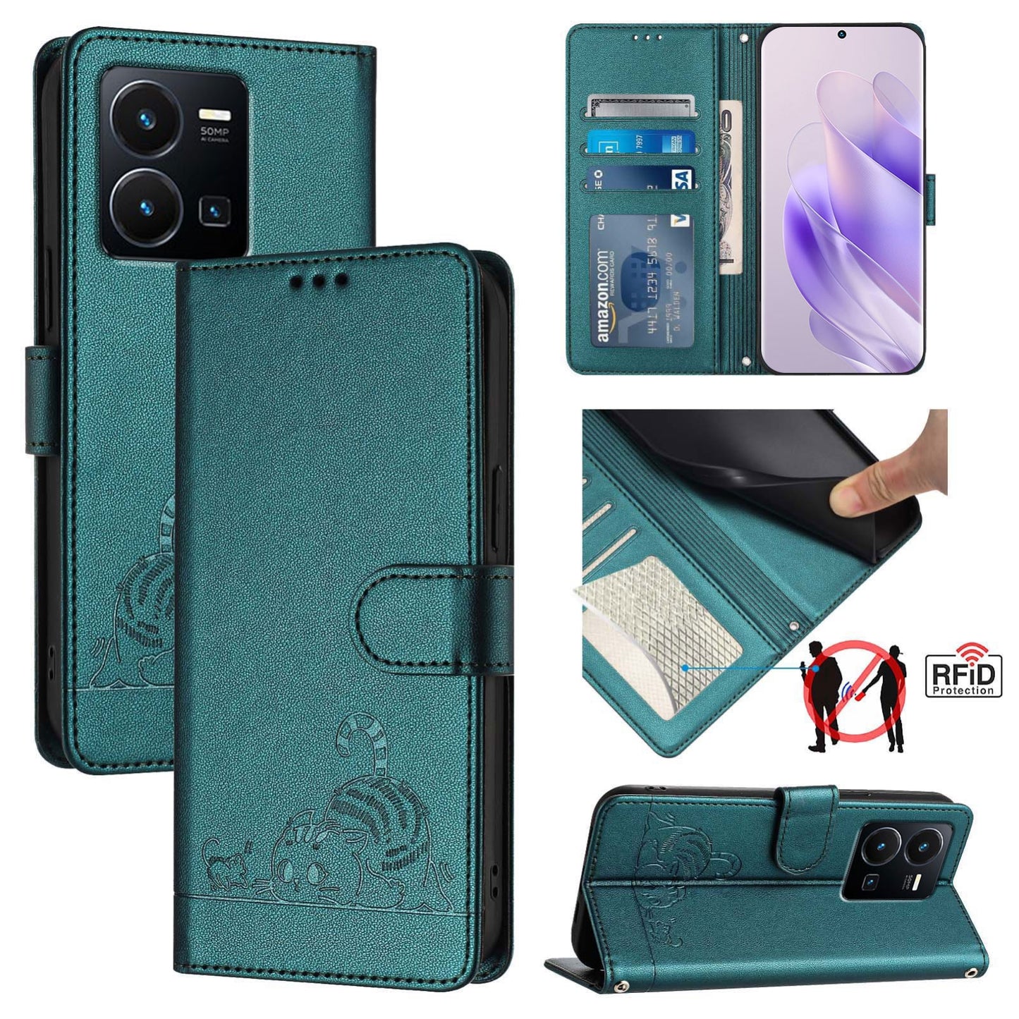 vivo Y22S 4G Global Cat & Rat Embossed RFID Leather Case, Lanyard, Wallet, Card Slots, Kickstand, Anti-Fall, Scratch-Resistant