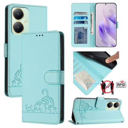 vivo Y27 4G 2023 Global Cat & Rat Embossed RFID Leather Case, Lanyard, Wallet, Card Slots, Kickstand, Anti-Fall, Scratch-Resistant