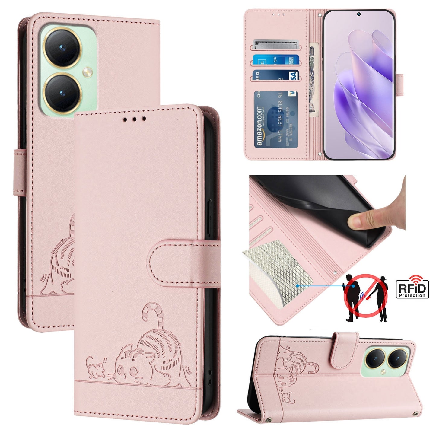 vivo Y27 4G 2023 Global Cat & Rat Embossed RFID Leather Case, Lanyard, Wallet, Card Slots, Kickstand, Anti-Fall, Scratch-Resistant