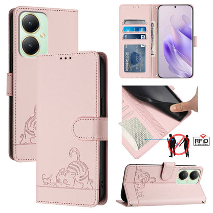 vivo Y27 4G 2023 Global Cat & Rat Embossed RFID Leather Case, Lanyard, Wallet, Card Slots, Kickstand, Anti-Fall, Scratch-Resistant