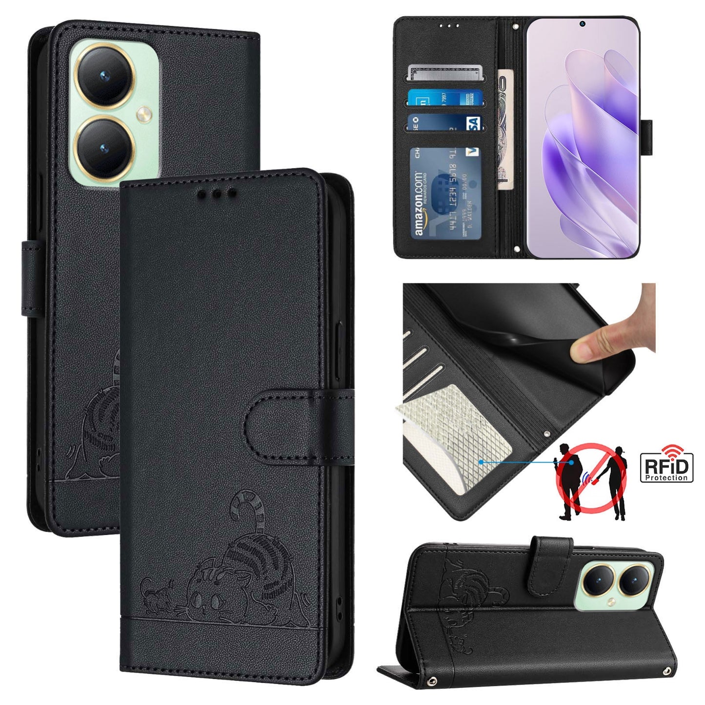 vivo Y27 4G 2023 Global Cat & Rat Embossed RFID Leather Case, Lanyard, Wallet, Card Slots, Kickstand, Anti-Fall, Scratch-Resistant