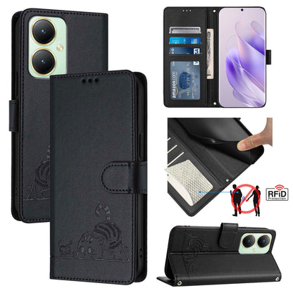 vivo Y27 4G 2023 Global Cat & Rat Embossed RFID Leather Case, Lanyard, Wallet, Card Slots, Kickstand, Anti-Fall, Scratch-Resistant