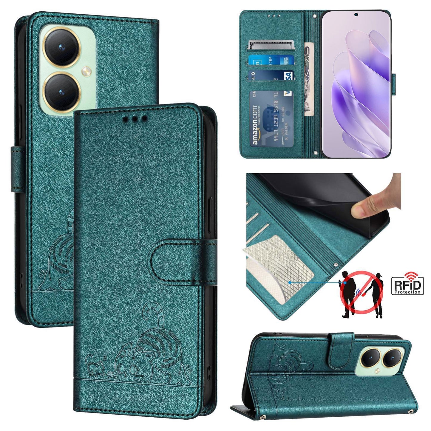 vivo Y27 4G 2023 Global Cat & Rat Embossed RFID Leather Case, Lanyard, Wallet, Card Slots, Kickstand, Anti-Fall, Scratch-Resistant