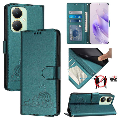vivo Y27 4G 2023 Global Cat & Rat Embossed RFID Leather Case, Lanyard, Wallet, Card Slots, Kickstand, Anti-Fall, Scratch-Resistant