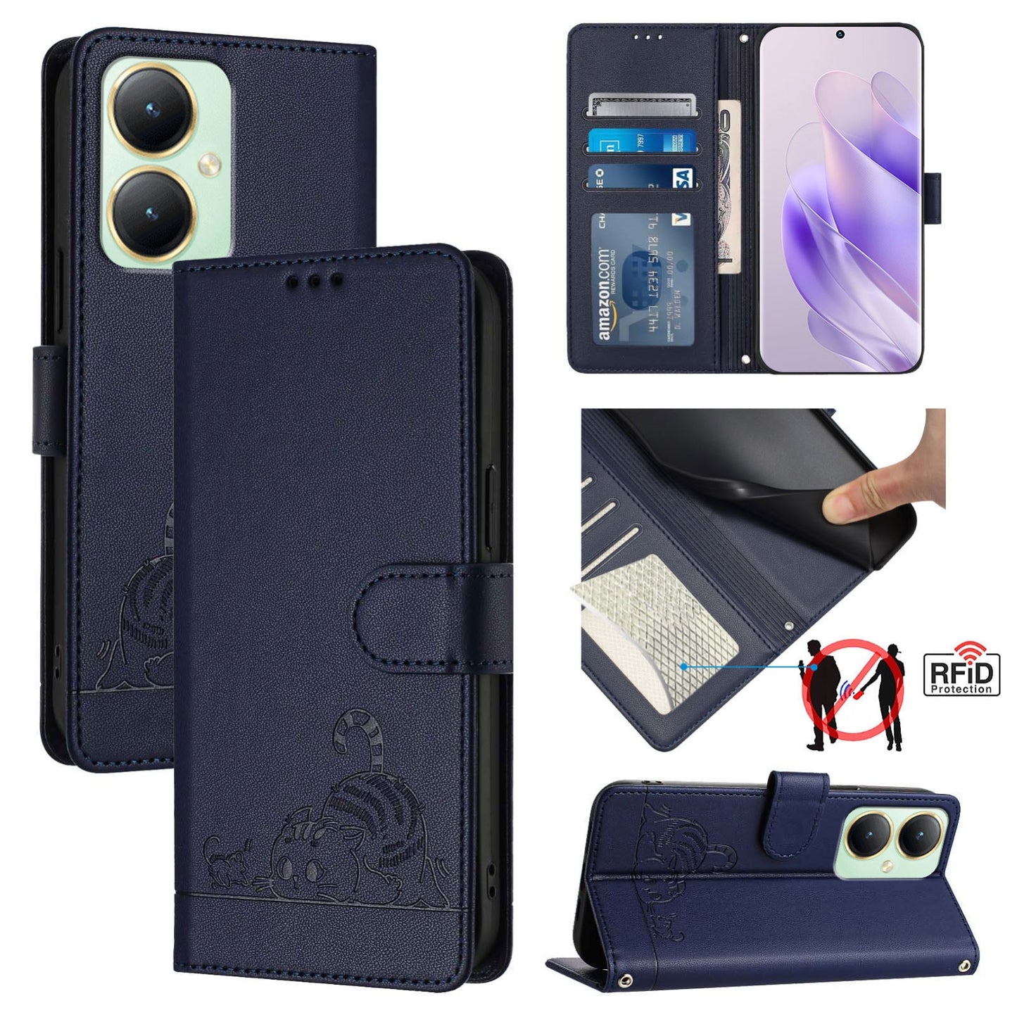 vivo Y27 4G 2023 Global Cat & Rat Embossed RFID Leather Case, Lanyard, Wallet, Card Slots, Kickstand, Anti-Fall, Scratch-Resistant