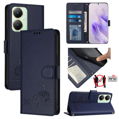 vivo Y27 4G 2023 Global Cat & Rat Embossed RFID Leather Case, Lanyard, Wallet, Card Slots, Kickstand, Anti-Fall, Scratch-Resistant