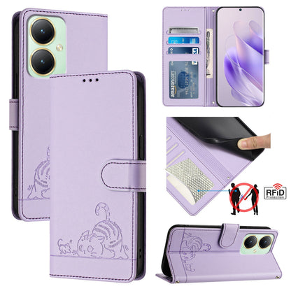 vivo Y27 4G 2023 Global Cat & Rat Embossed RFID Leather Case, Lanyard, Wallet, Card Slots, Kickstand, Anti-Fall, Scratch-Resistant