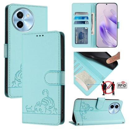 vivo Y38 5G Cat & Rat Embossed RFID Leather Case, Lanyard, Wallet, Card Slots, Kickstand, Anti-Fall, Scratch-Resistant