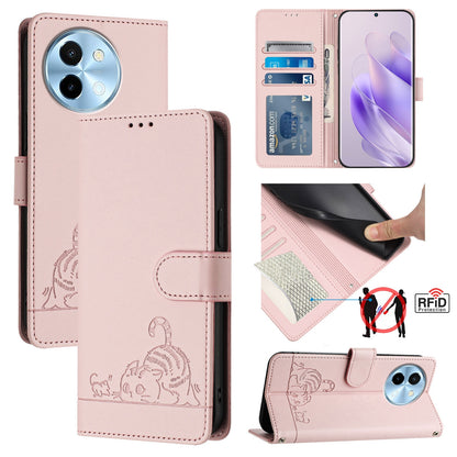 vivo Y38 5G Cat & Rat Embossed RFID Leather Case, Lanyard, Wallet, Card Slots, Kickstand, Anti-Fall, Scratch-Resistant