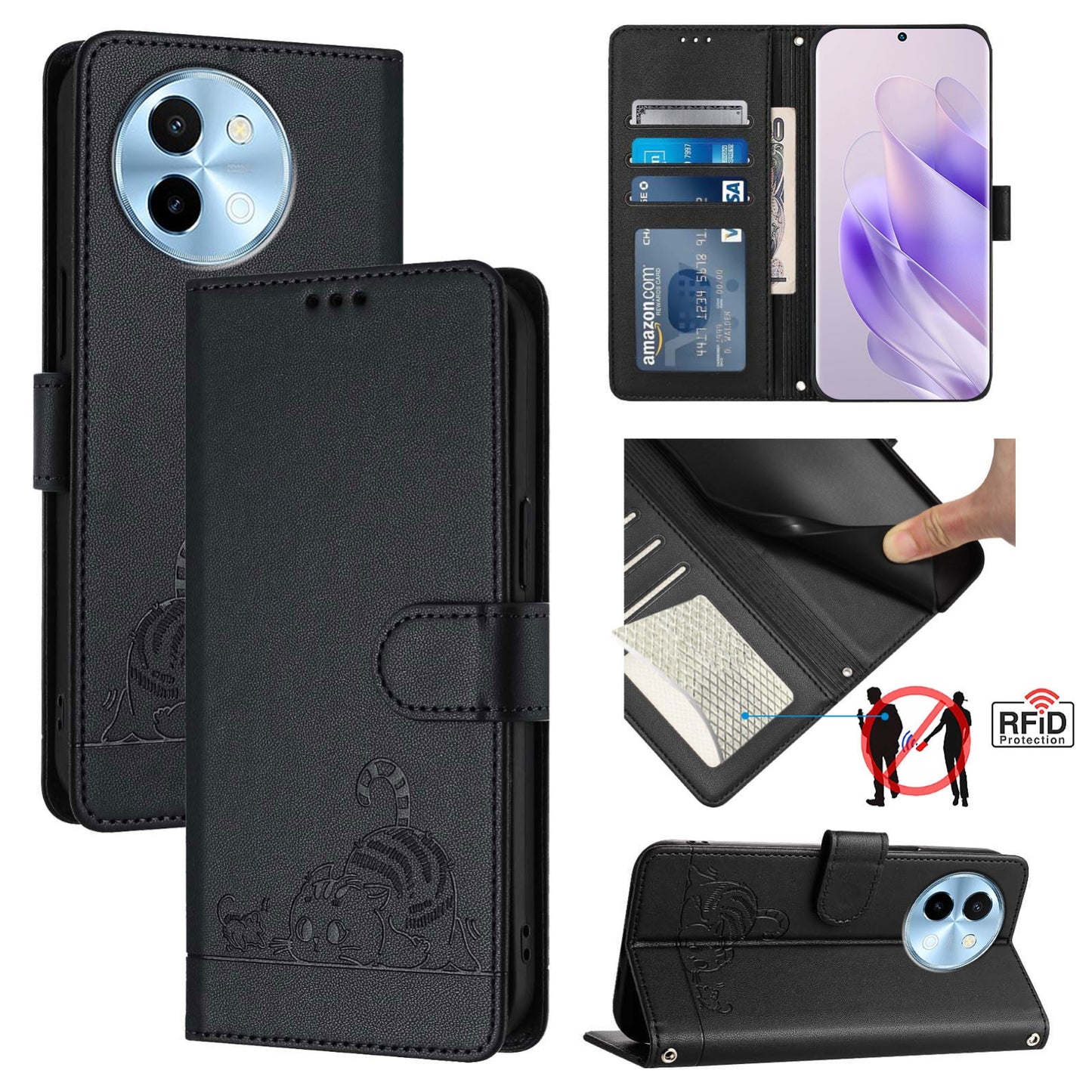 vivo Y38 5G Cat & Rat Embossed RFID Leather Case, Lanyard, Wallet, Card Slots, Kickstand, Anti-Fall, Scratch-Resistant