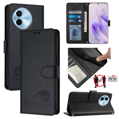 vivo Y38 5G Cat & Rat Embossed RFID Leather Case, Lanyard, Wallet, Card Slots, Kickstand, Anti-Fall, Scratch-Resistant