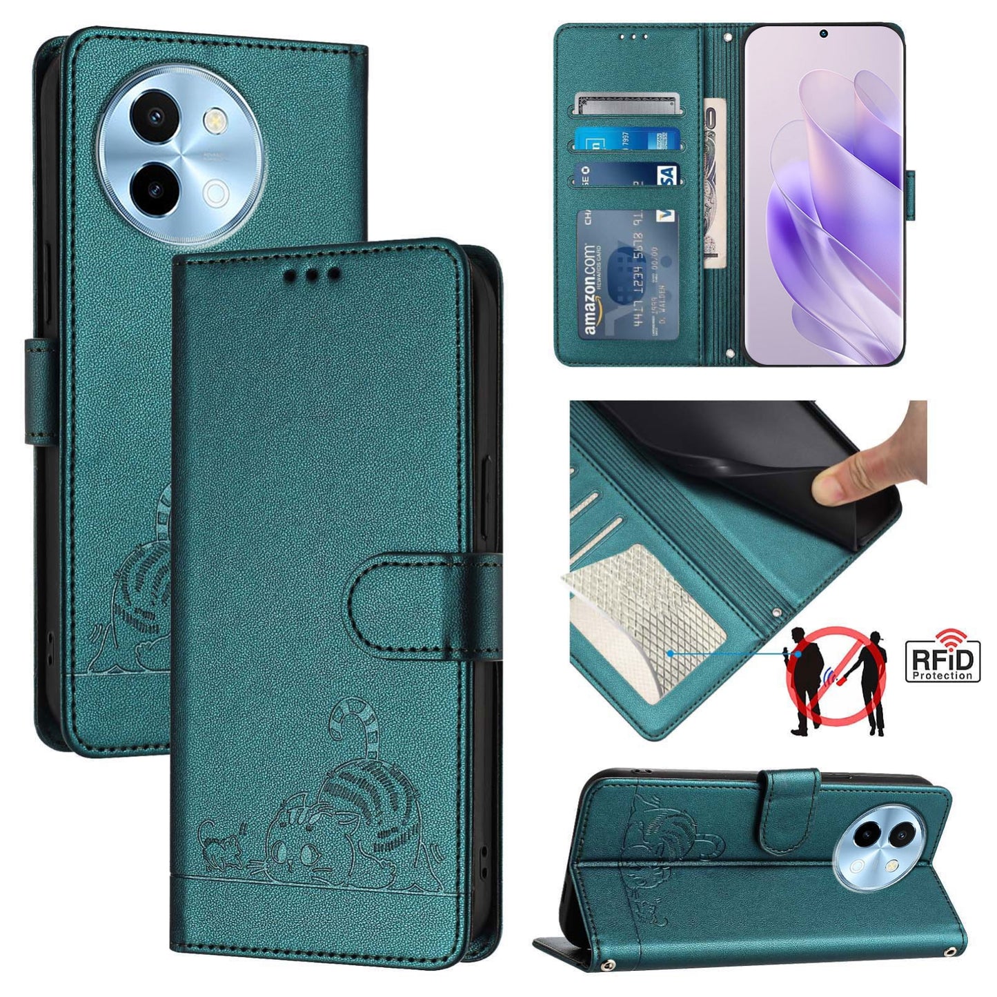 vivo Y38 5G Cat & Rat Embossed RFID Leather Case, Lanyard, Wallet, Card Slots, Kickstand, Anti-Fall, Scratch-Resistant