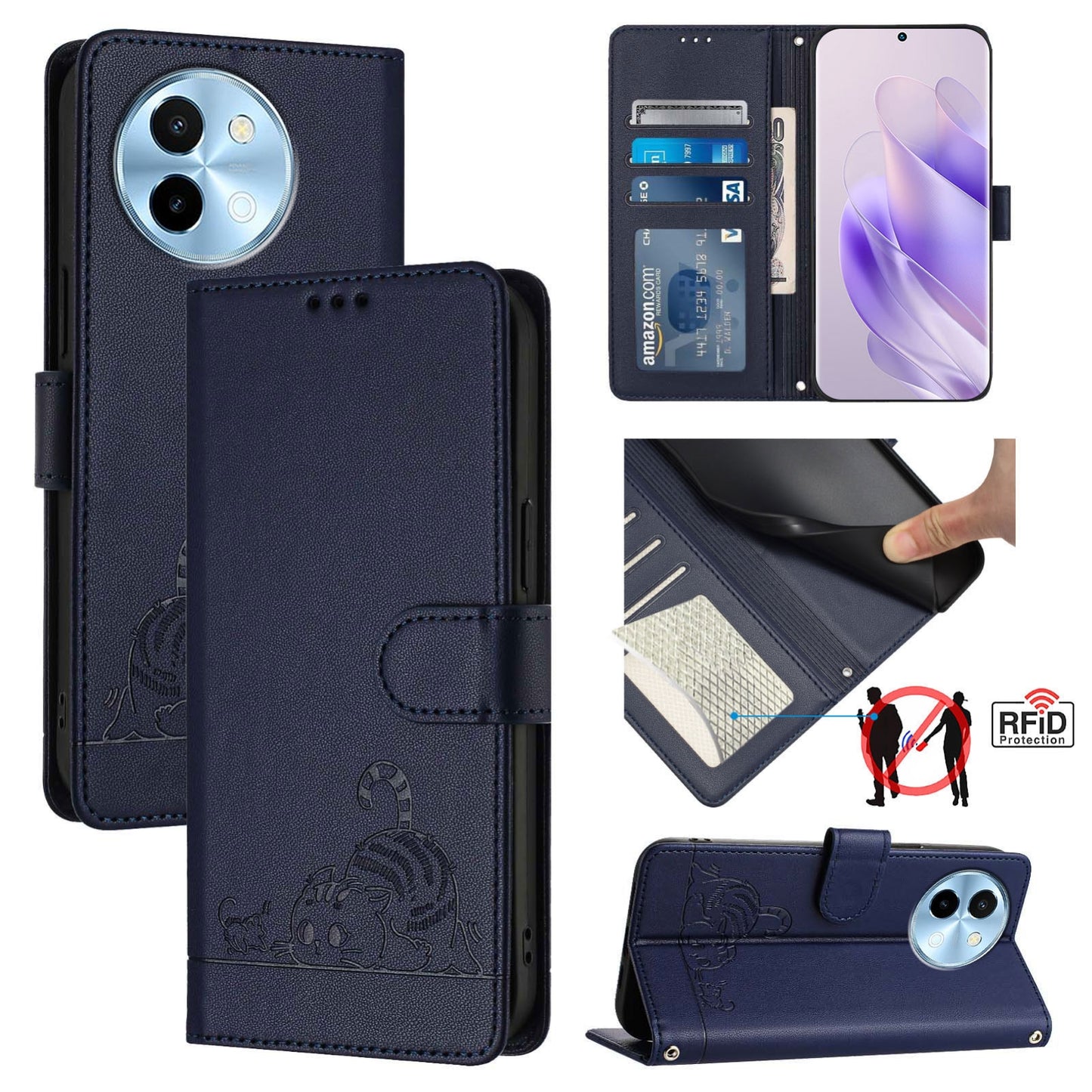 vivo Y38 5G Cat & Rat Embossed RFID Leather Case, Lanyard, Wallet, Card Slots, Kickstand, Anti-Fall, Scratch-Resistant