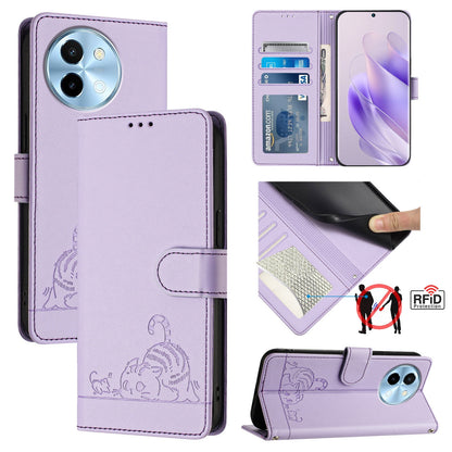 vivo Y38 5G Cat & Rat Embossed RFID Leather Case, Lanyard, Wallet, Card Slots, Kickstand, Anti-Fall, Scratch-Resistant