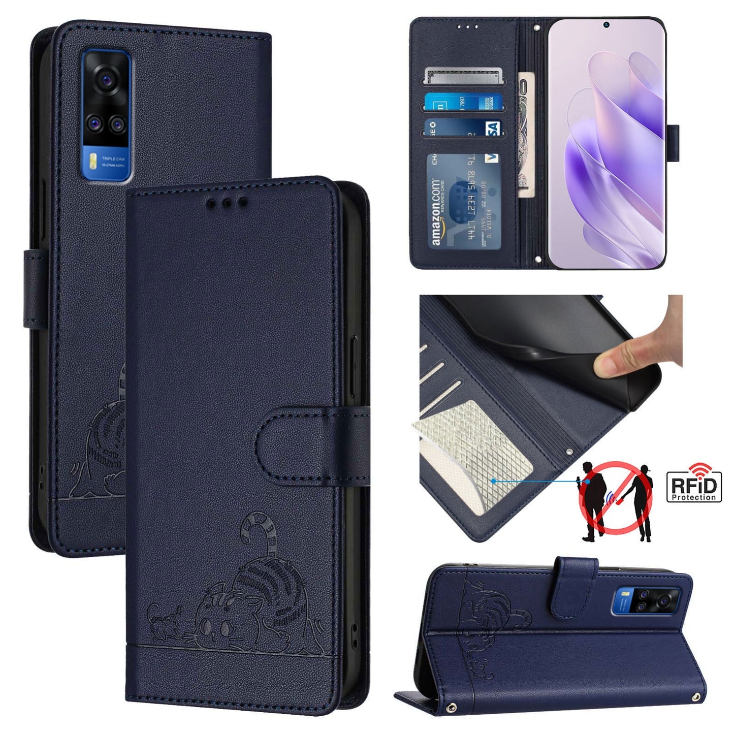 vivo Y51 2020 India Cat & Rat Embossed RFID Leather Case, Lanyard, Wallet, Card Slots, Kickstand, Anti-Fall, Scratch-Resistant