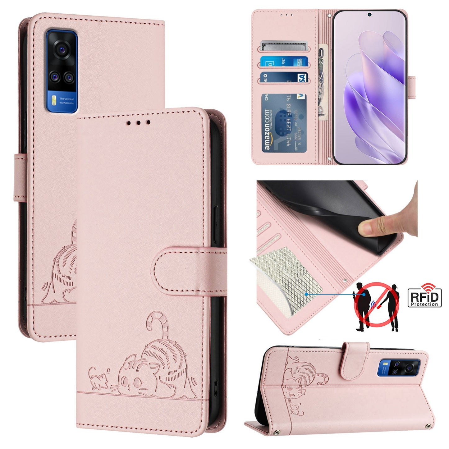 vivo Y31 4G 2021 India Cat & Rat Embossed RFID Leather Case, Lanyard, Wallet, Card Slots, Kickstand, Anti-Fall, Scratch-Resistant