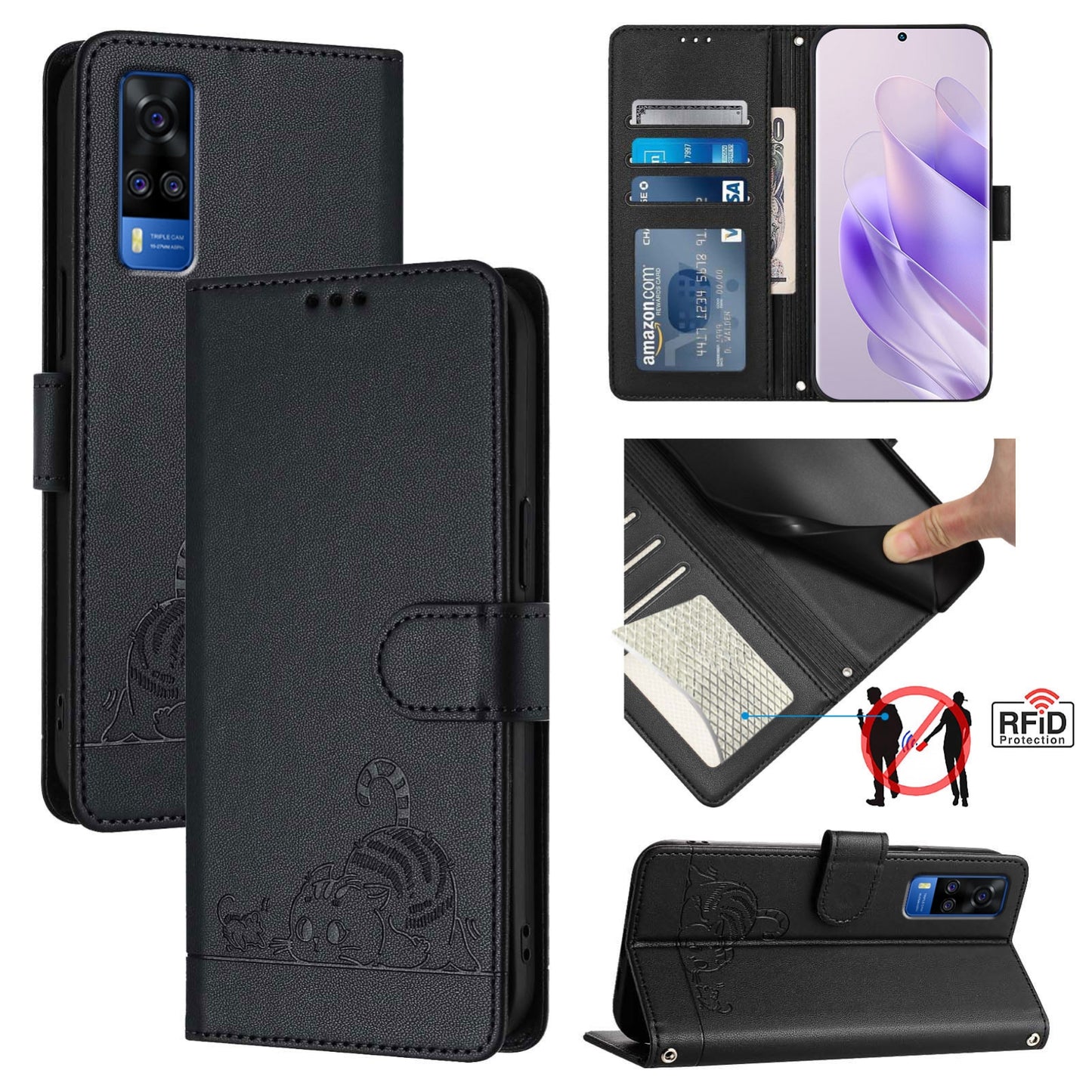 vivo Y31 4G 2021 India Cat & Rat Embossed RFID Leather Case, Lanyard, Wallet, Card Slots, Kickstand, Anti-Fall, Scratch-Resistant