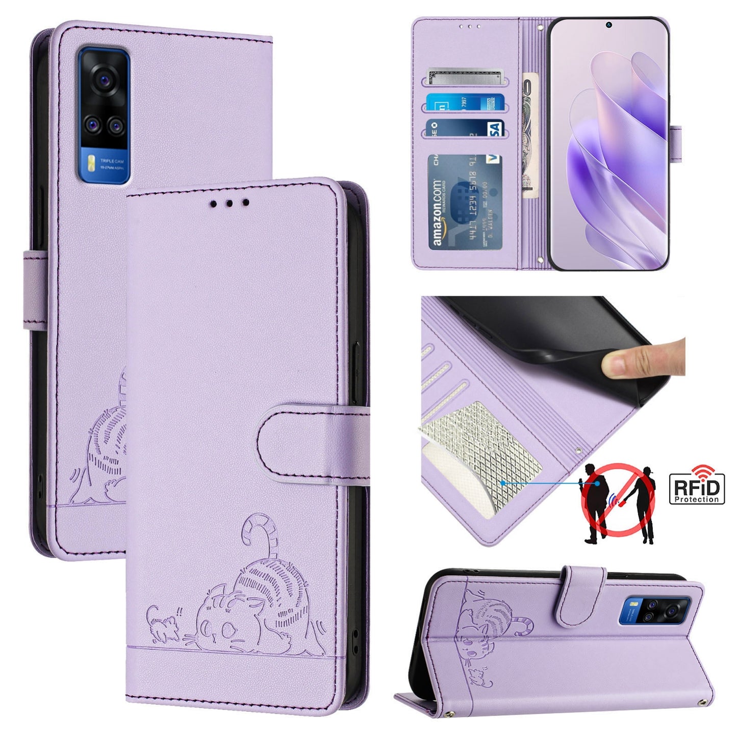 vivo Y51A 2021 Cat & Rat Embossed RFID Leather Case, Lanyard, Wallet, Card Slots, Kickstand, Anti-Fall, Scratch-Resistant