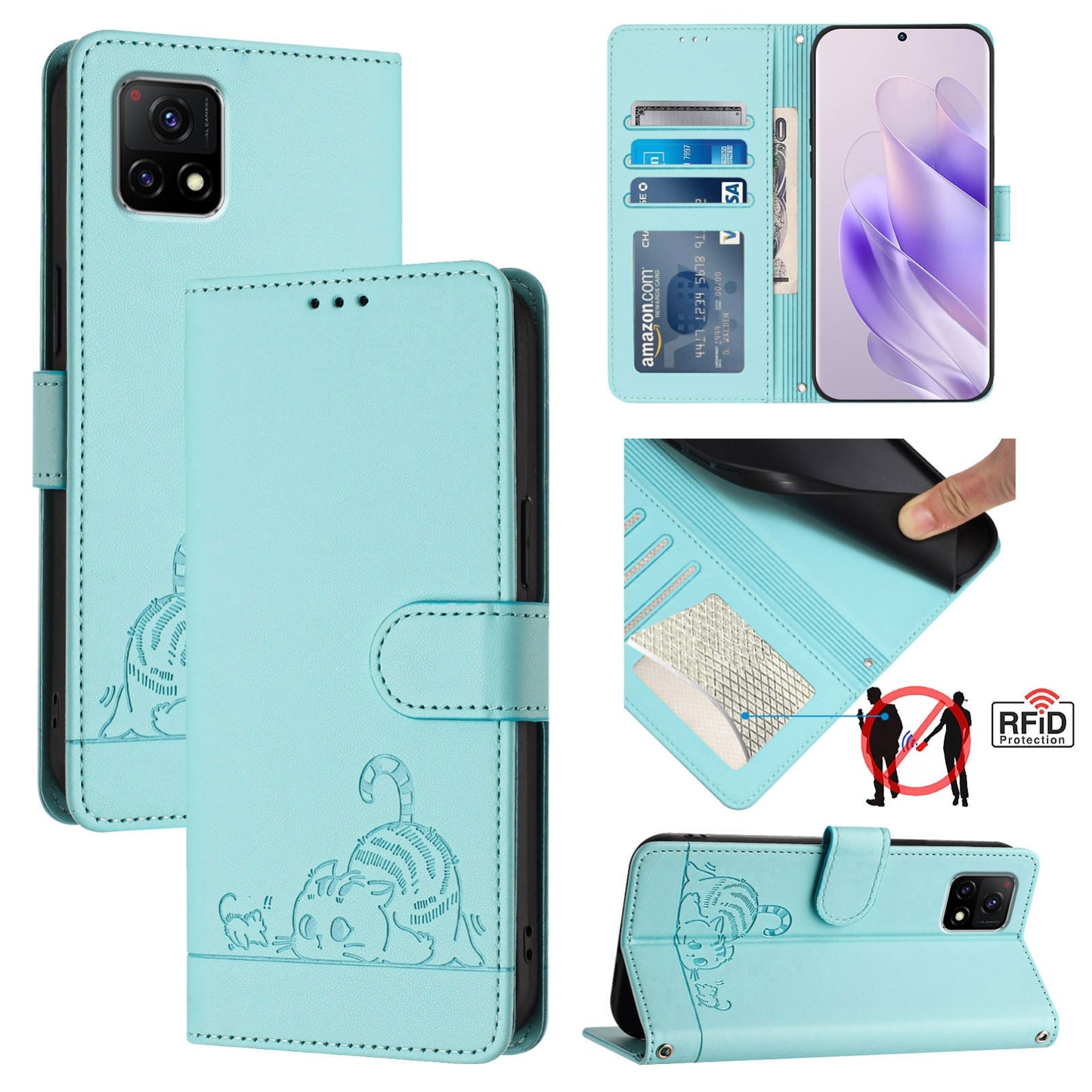 vivo Y52S 5G Cat & Rat Embossed RFID Leather Case, Lanyard, Wallet, Card Slots, Kickstand, Anti-Fall, Scratch-Resistant