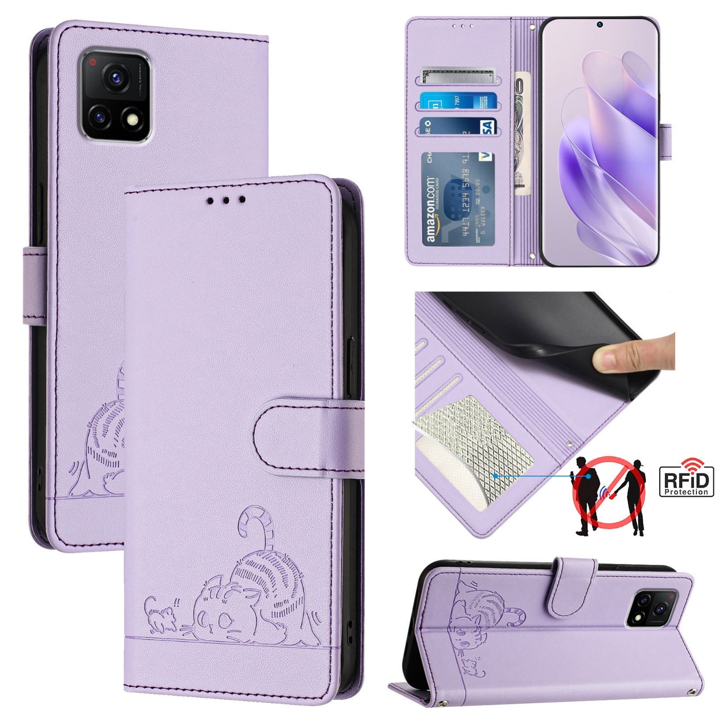 vivo Y31S 5G Cat & Rat Embossed RFID Leather Case, Lanyard, Wallet, Card Slots, Kickstand, Anti-Fall, Scratch-Resistant
