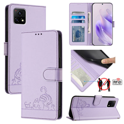 vivo Y31S 5G Cat & Rat Embossed RFID Leather Case, Lanyard, Wallet, Card Slots, Kickstand, Anti-Fall, Scratch-Resistant