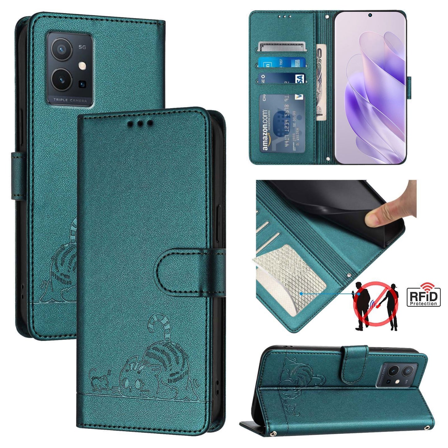 vivo Y55S 2023 5G Cat & Rat Embossed RFID Leather Case, Lanyard, Wallet, Card Slots, Kickstand, Anti-Fall, Scratch-Resistant