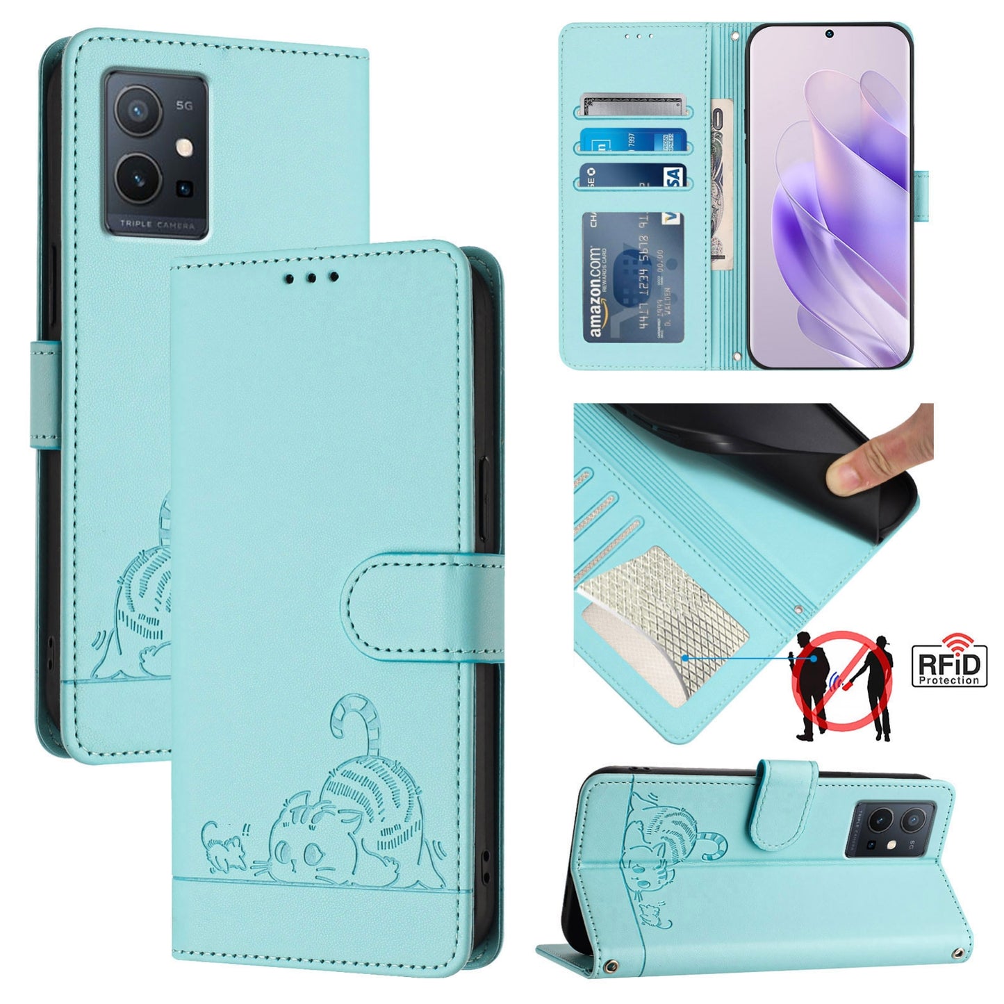 vivo Y33E 5G Cat & Rat Embossed RFID Leather Case, Lanyard, Wallet, Card Slots, Kickstand, Anti-Fall, Scratch-Resistant