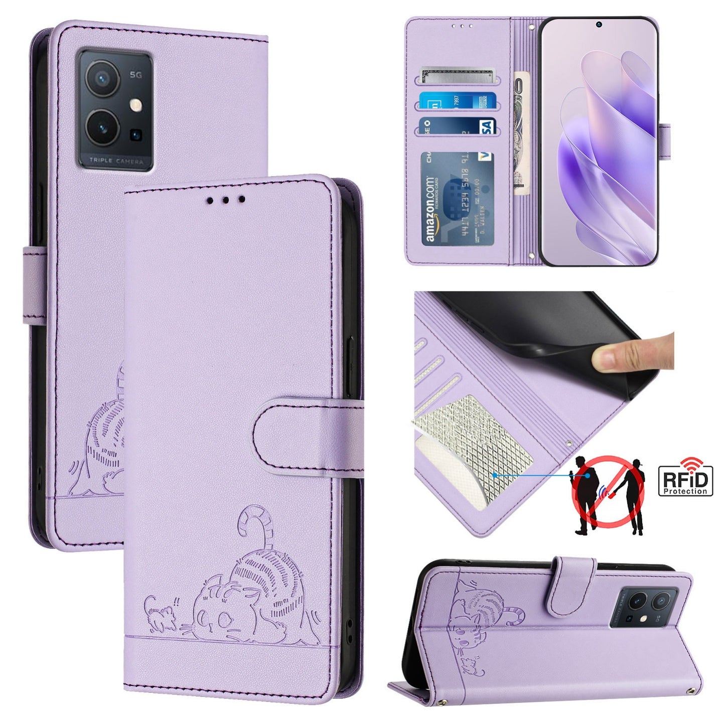 vivo Y33E 5G Cat & Rat Embossed RFID Leather Case, Lanyard, Wallet, Card Slots, Kickstand, Anti-Fall, Scratch-Resistant