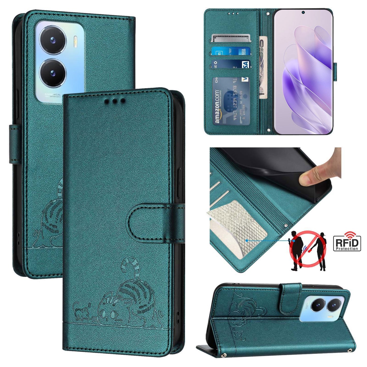 vivo Y56 5G Global Cat & Rat Embossed RFID Leather Case, Lanyard, Wallet, Card Slots, Kickstand, Anti-Fall, Scratch-Resistant