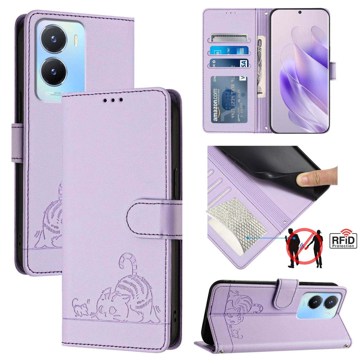 vivo Y56 5G Global Cat & Rat Embossed RFID Leather Case, Lanyard, Wallet, Card Slots, Kickstand, Anti-Fall, Scratch-Resistant