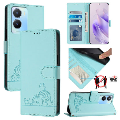 vivo Y16 4G Global Cat & Rat Embossed RFID Leather Case, Lanyard, Wallet, Card Slots, Kickstand, Anti-Fall, Scratch-Resistant