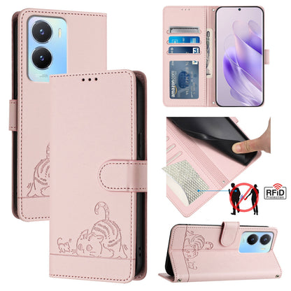 vivo Y16 4G Global Cat & Rat Embossed RFID Leather Case, Lanyard, Wallet, Card Slots, Kickstand, Anti-Fall, Scratch-Resistant