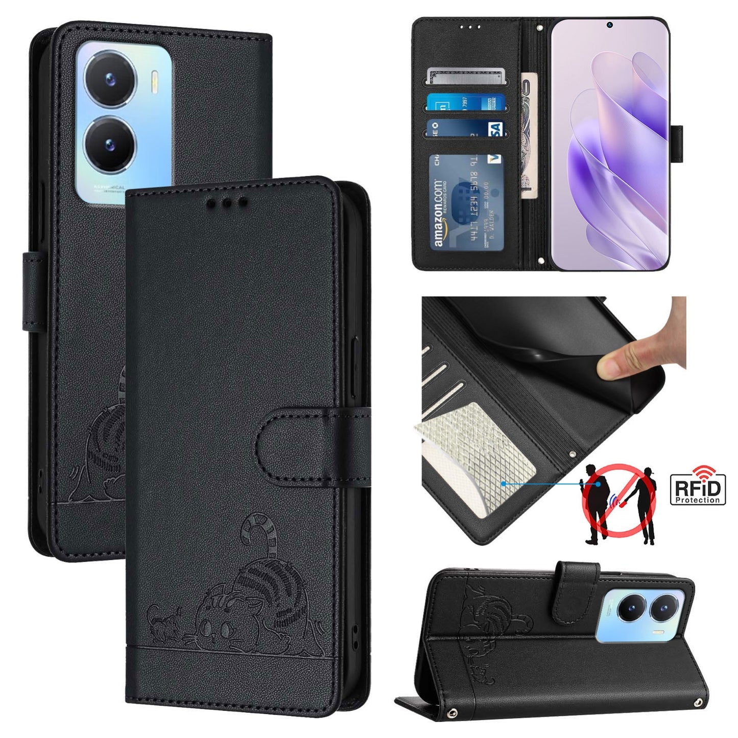 vivo Y16 4G Global Cat & Rat Embossed RFID Leather Case, Lanyard, Wallet, Card Slots, Kickstand, Anti-Fall, Scratch-Resistant
