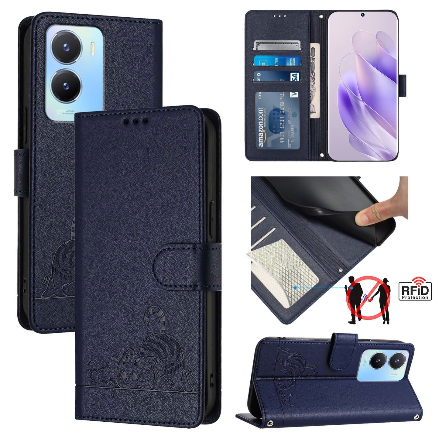 vivo Y16 4G Global Cat & Rat Embossed RFID Leather Case, Lanyard, Wallet, Card Slots, Kickstand, Anti-Fall, Scratch-Resistant