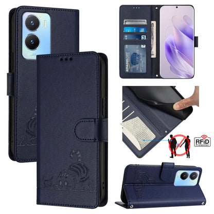 vivo Y16 4G Global Cat & Rat Embossed RFID Leather Case, Lanyard, Wallet, Card Slots, Kickstand, Anti-Fall, Scratch-Resistant