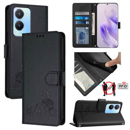vivo Y02S 4G Global Cat & Rat Embossed RFID Leather Case, Lanyard, Wallet, Card Slots, Kickstand, Anti-Fall, Scratch-Resistant