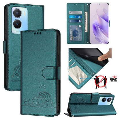 vivo Y02S 4G Global Cat & Rat Embossed RFID Leather Case, Lanyard, Wallet, Card Slots, Kickstand, Anti-Fall, Scratch-Resistant
